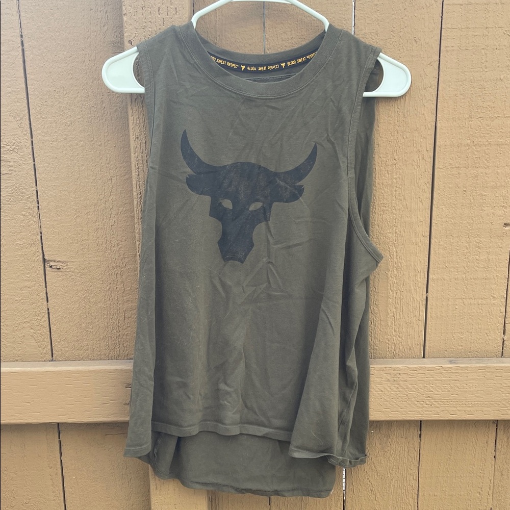 Under Armour Project Rock Olive Green Muscle Tank with Black Bull Logo